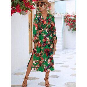 Printed Surplice Long Sleeve Midi Dress